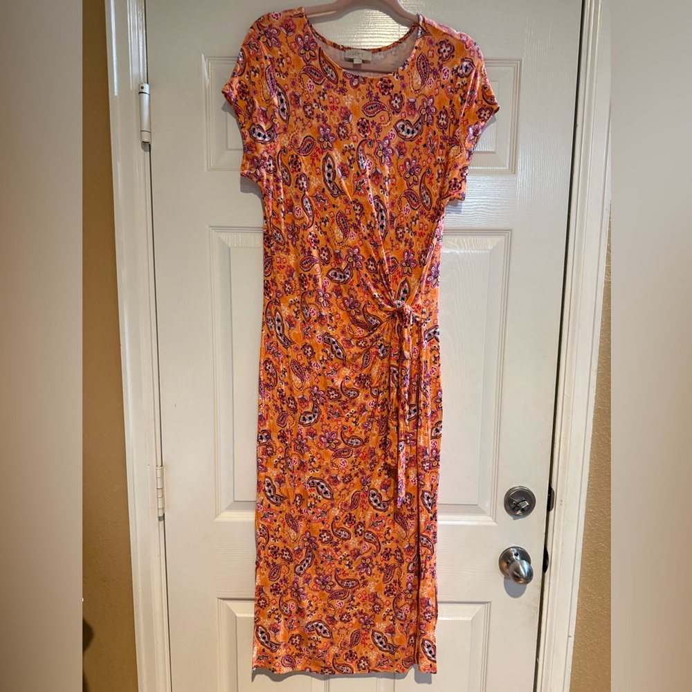 LOFT Outlet  Orange Paisley Faux Wrap Midi dress tie Waist Short Sleeve size XL